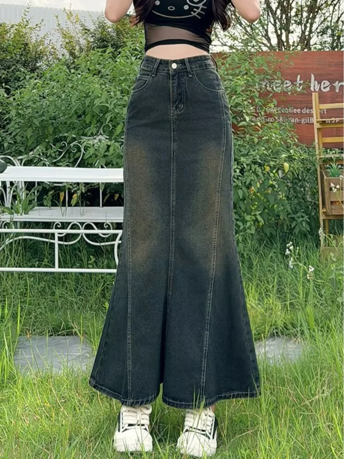 Women's Vintage Washed Denim Mermaid Maxi Skirt High Waist Gradient Fishtail Jean Skirt Black Grey view 6