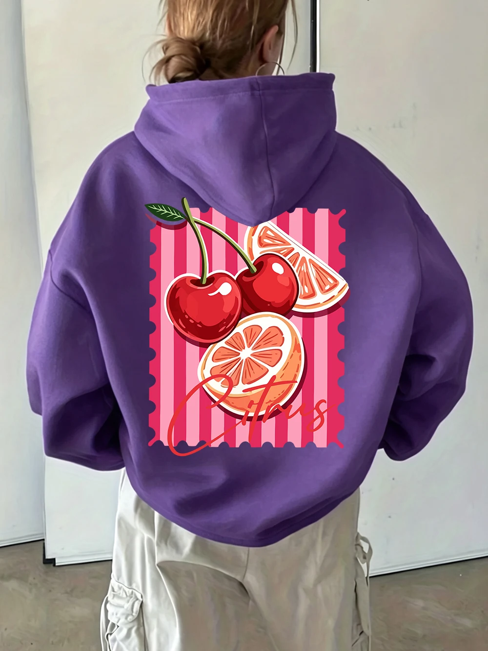 Red Cherry Citrus Printed Hoodies Womens Basic Loose Pocket Pullovers Winter Jogging Sweatshirts Casual Fleece Woman Clothes