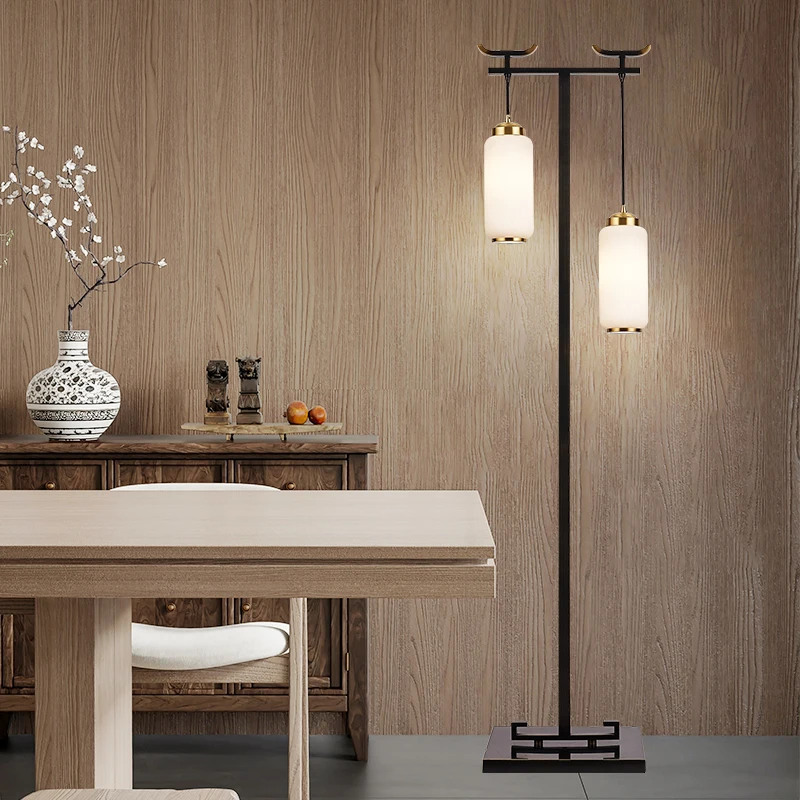 

New Chinese all-copper living room floor lamp Modern simple Chinese style double-headed black wipe gold floor lamp decorative la