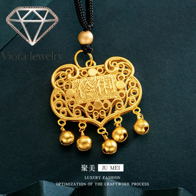 Viora Jewelry Smart bell lock pendant 9999 24K 3D hard gold baby lock necklace childrens lucky real gold small lock bag birthday