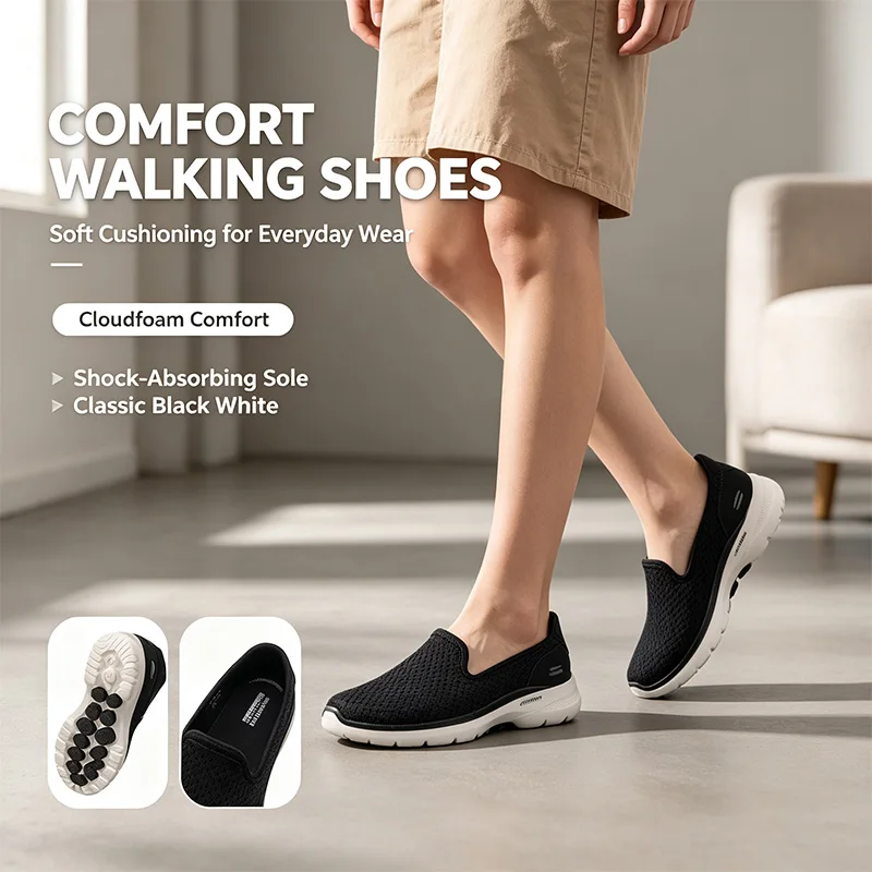 Skechers Original Go Walk 6 Women Slip-On Shoes, Breathable Mesh Upper Ultra-Lightweight Non-Slip Sole, Easy Wear Walking Casual