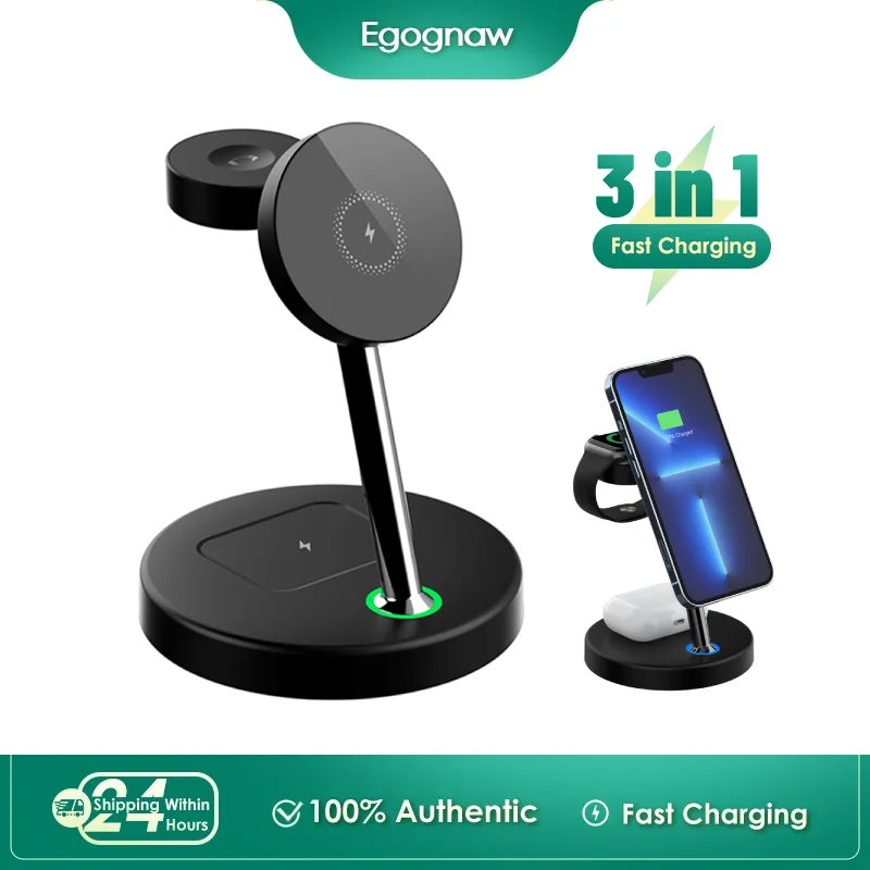 

Беспроводное зарядное устройство 3 в 1 Mag-Safe Qi для iPhone 15 14 13 12 Pro/Pro Max/Plus/Mini /AirPods 2/3/Pro/ iWatch Ultra/8/ 7/SE/6 /5/4/3/2