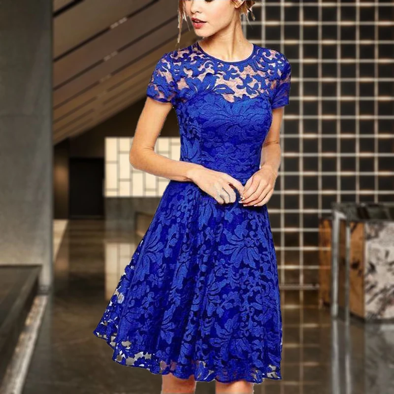 2024 New Fashion Sexy Slim Fit Knee-length Round Neck Short-sleeved Lace Solid Color Dress Prom Dress