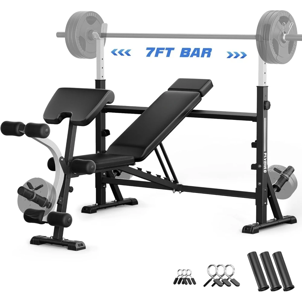 Weight Bench, Adjustable Bench Press with Squat Rack, Leg Developer, Preacher Curl Pad, Full-Body Strength Training Equipment