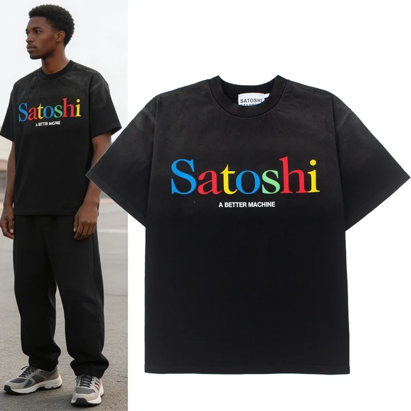 Satoshi Nakamoto American-style rainbow slogan letter distressed short-sleeved T-shirt for men and women