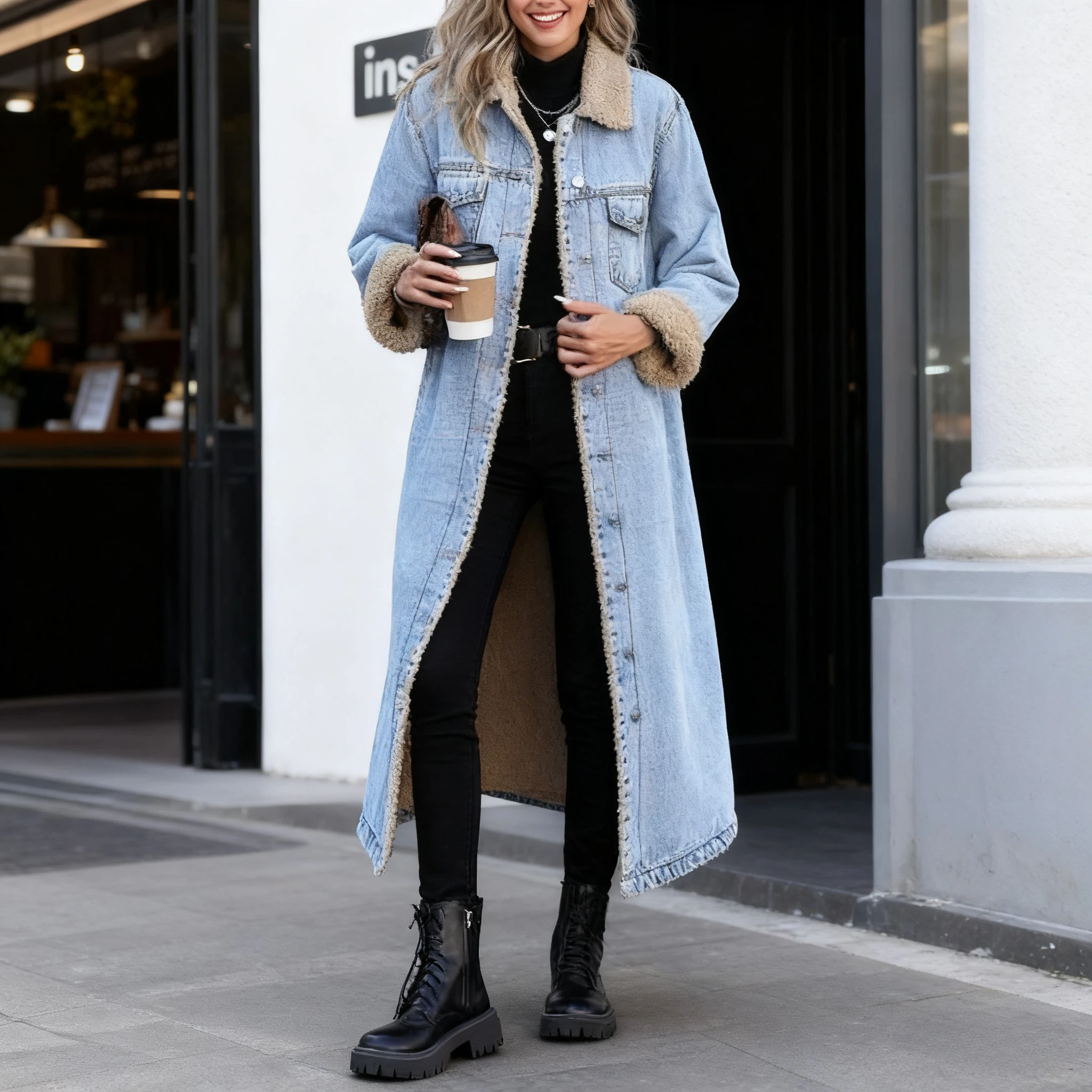 Autumn Winter Women Faux Fur Mid Length Coats Jackets Turn Down Collar Coat Thick Denim Y2k Streetwear Jacket Elegant Outerwear