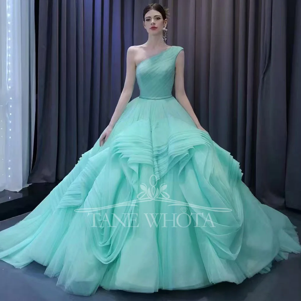 Abito da sera monospalla di lusso 2025 Abito blu con lacci sul retro increspato personalizzabile per occasioni speciali