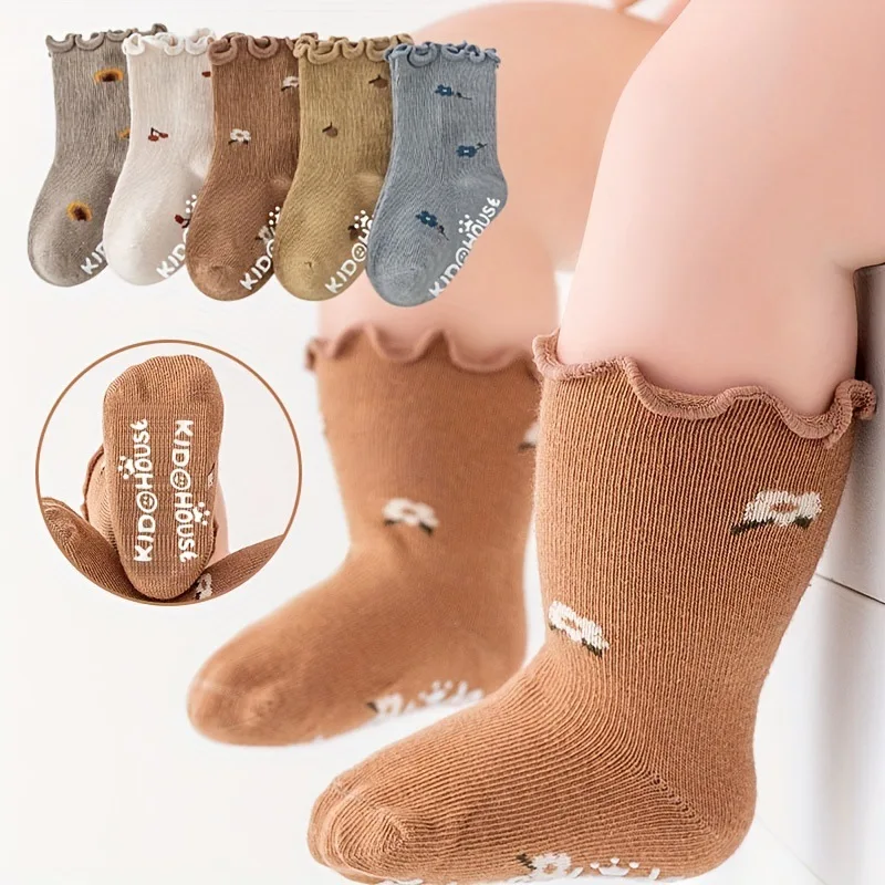 

Весенне-осенние хлопковые носки с цветочным принтом и грибком, свободные носки для девочек, нескользящий пол, c