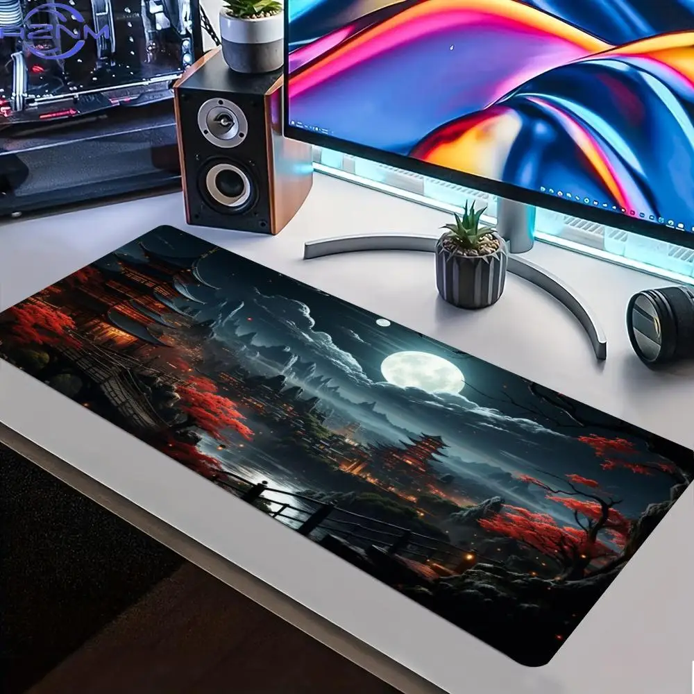 Dark Oriental Moon Pagoda Red Maple Large Extended Gaming Mouse Pad Non-Slip Rubber Base for PC Gamers Laptop Office Use