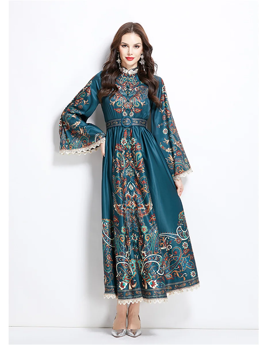 여름 휴가 화려한 꽃 긴 맥시 드레스 여성 스탠드 칼라 플레어 슬리브 벨트 캐주얼 a 라인 롱 드레스