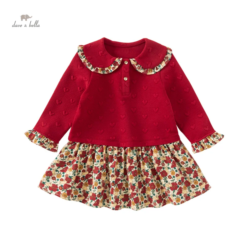 Dave Bella Princess Floral Dress for Girls Baby Children 2024 New Autumn Fashion Fake Two-piece Party Retro New Year DB3241382