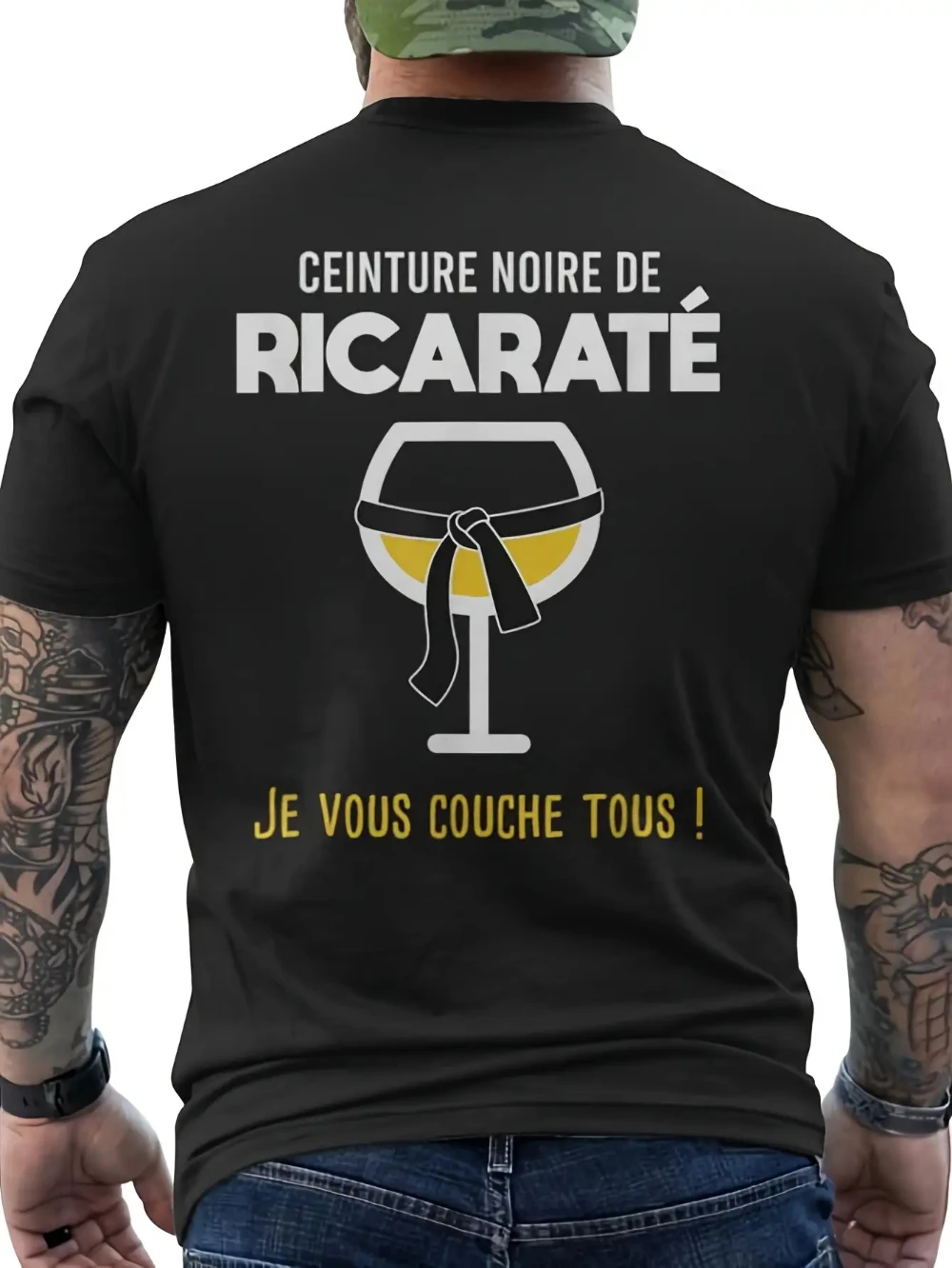 Herren-T-Shirt mit französischem Pastis-Likör-Motiv, Centure Noire De Ricarate, Martini-Glas, französisches Textdesign, humorvolles Aperitif-Sammler-T-Shirt