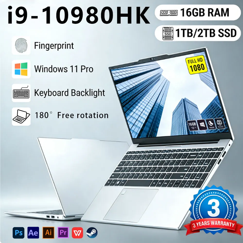 2026 Intel Core i9-10980HK Laptop 15.6 inch Win11 Pro 16GB RAM 1TB 2TB SSD Fingerprint Unlock Office Business Gaming Notebook