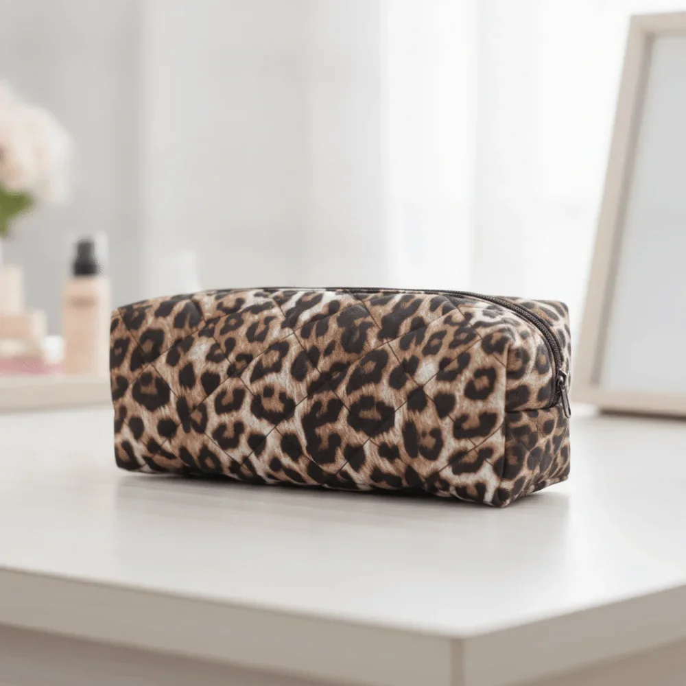 2-Piece Lay-Flat Makeup Bag Set – Leopard Printed PU Leather Travel Cosmetic Organizer with Brush Pouch