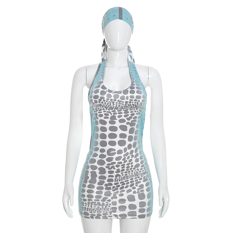 Ärmelloses, rückenfreies Minikleid mit U-Ausschnitt und Trägern, bedruckt, schmal geschnitten – Detail 6