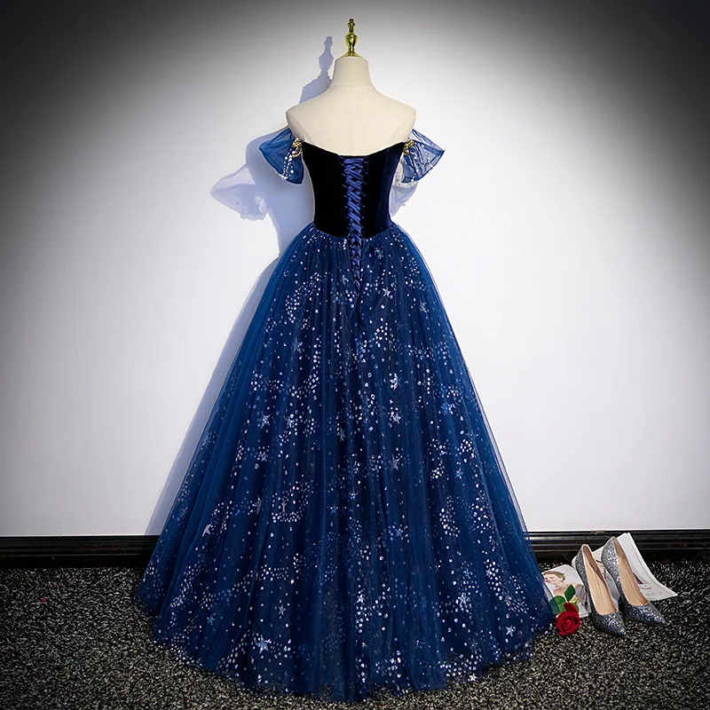 LZPOVE-vestidos de quinceañera para mujer, vestido largo Formal con hombros descubiertos, vestido de graduación con cuentas, vestidos de noche azules para fiesta, 2023