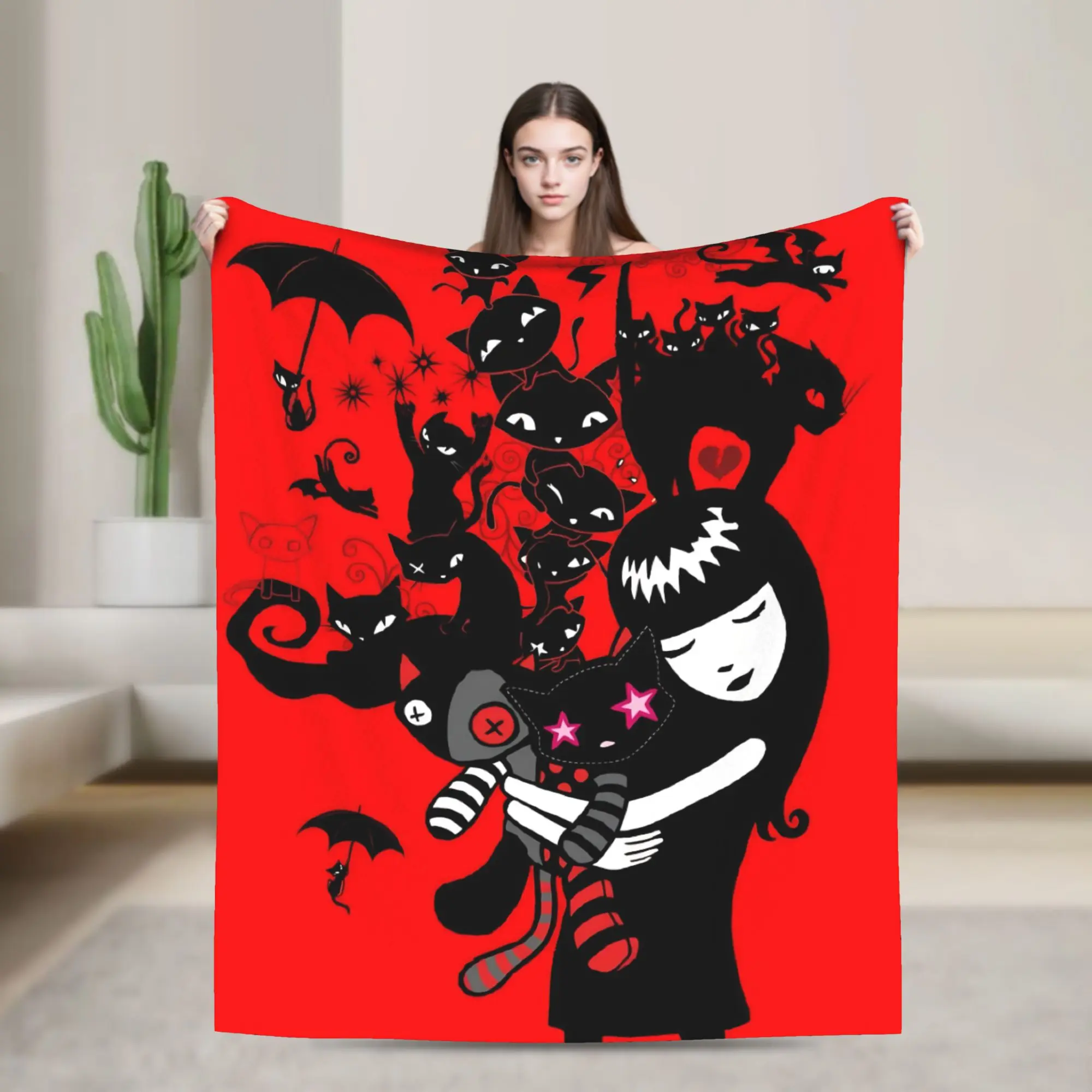 

Cartoon E-Emily the Strange with Cats Blankets Flannel Lightweight Throw Blanket for Bedding Couch Bedroom Quilt
