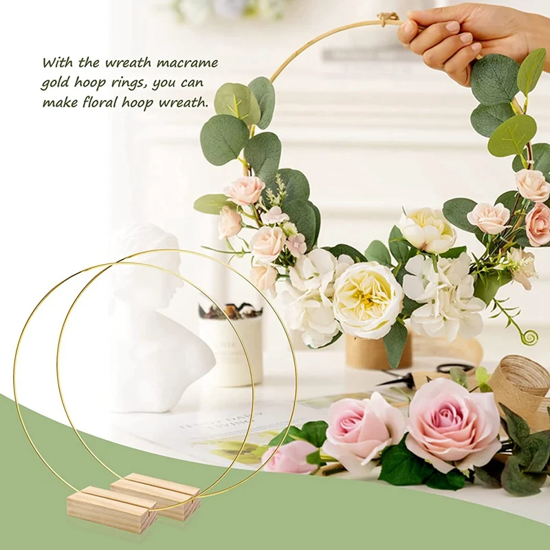 4 PCS 12 Inch Metal Floral Hoop Metal Wreath Ring Centerpiece For Table For DIY With 4 PCS Wood Place Card Holders