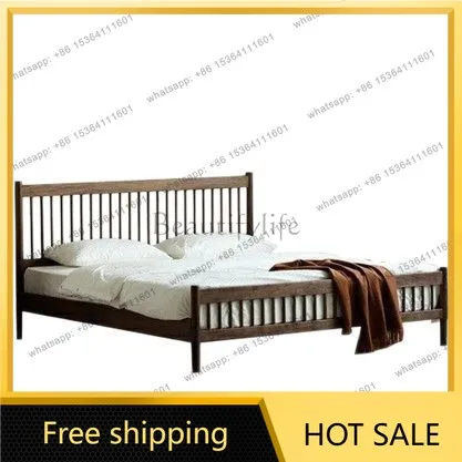 Factory Direct Sales Solid Wood Bed Modern Simple Japanese Bar Light Luxury Black Walnut Double Bed