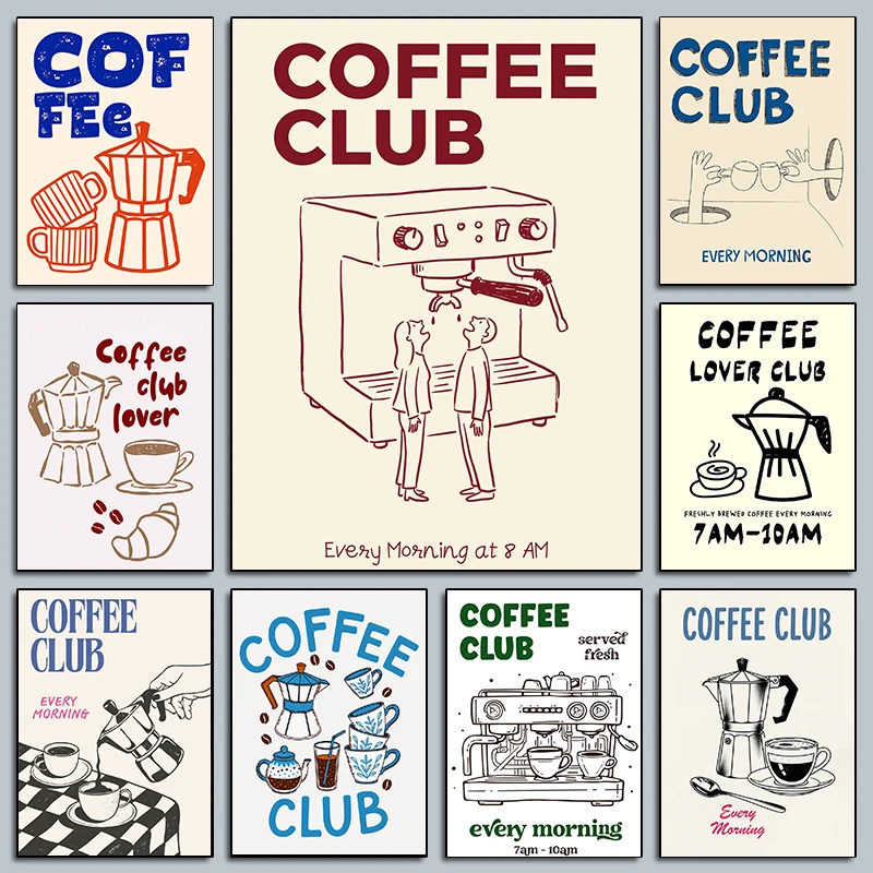 Modern Coffee Club Every Morning Poster Espresso Machine Kitchen Prints Canvas Painting Wall Art Pictures Home Living Room Decor