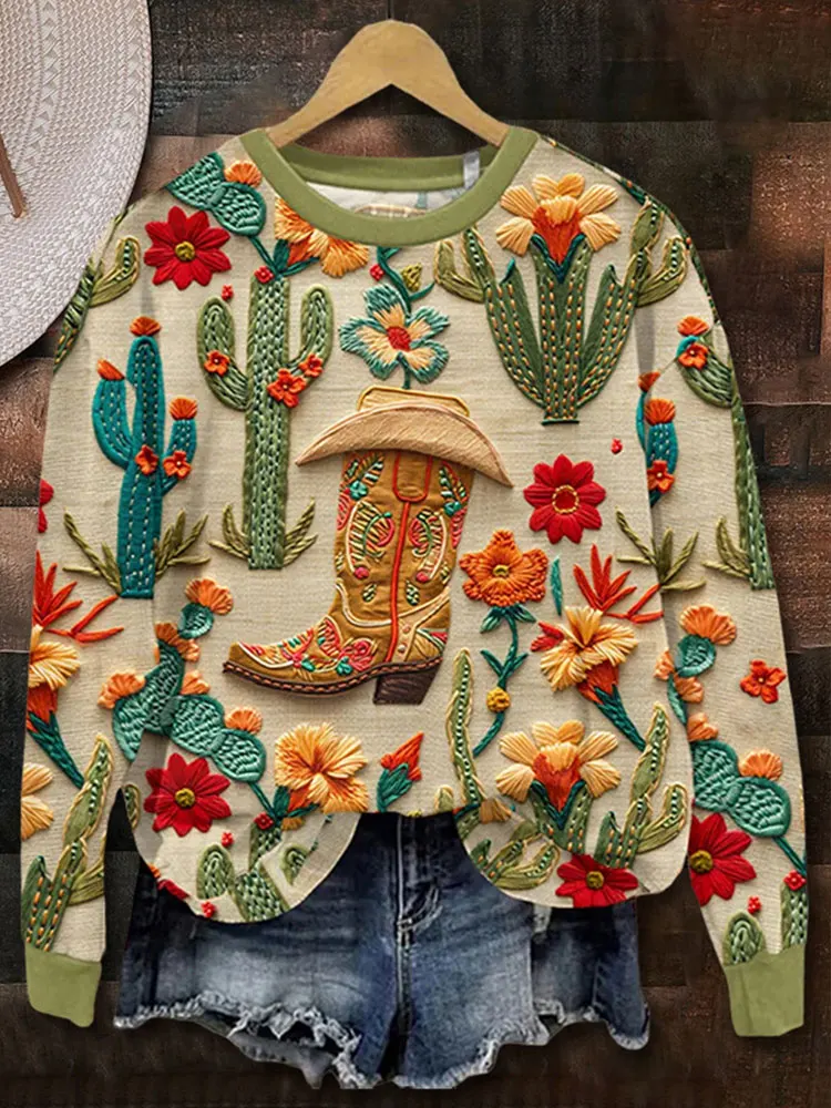 Vintage Western Boots Floral Art Printed Sweatshirt