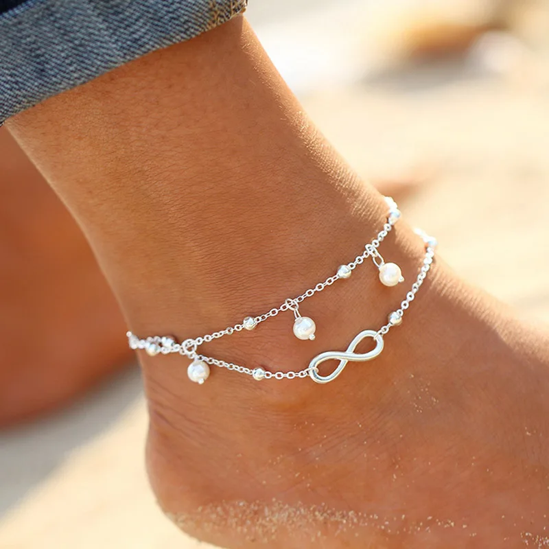 Summer Lovely Infinity Ankle Anklet Bracelet For Women Beach Foot Chain Multilayer Imitation Pearl Barefoot Jewelry