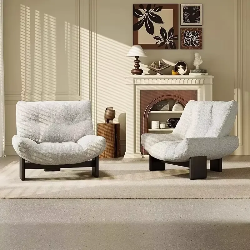 Modern Puffy Teddy Fleece Reclining Armchair with Wood Legs for Hotel and Home Use Living Room Bedroom Furniture