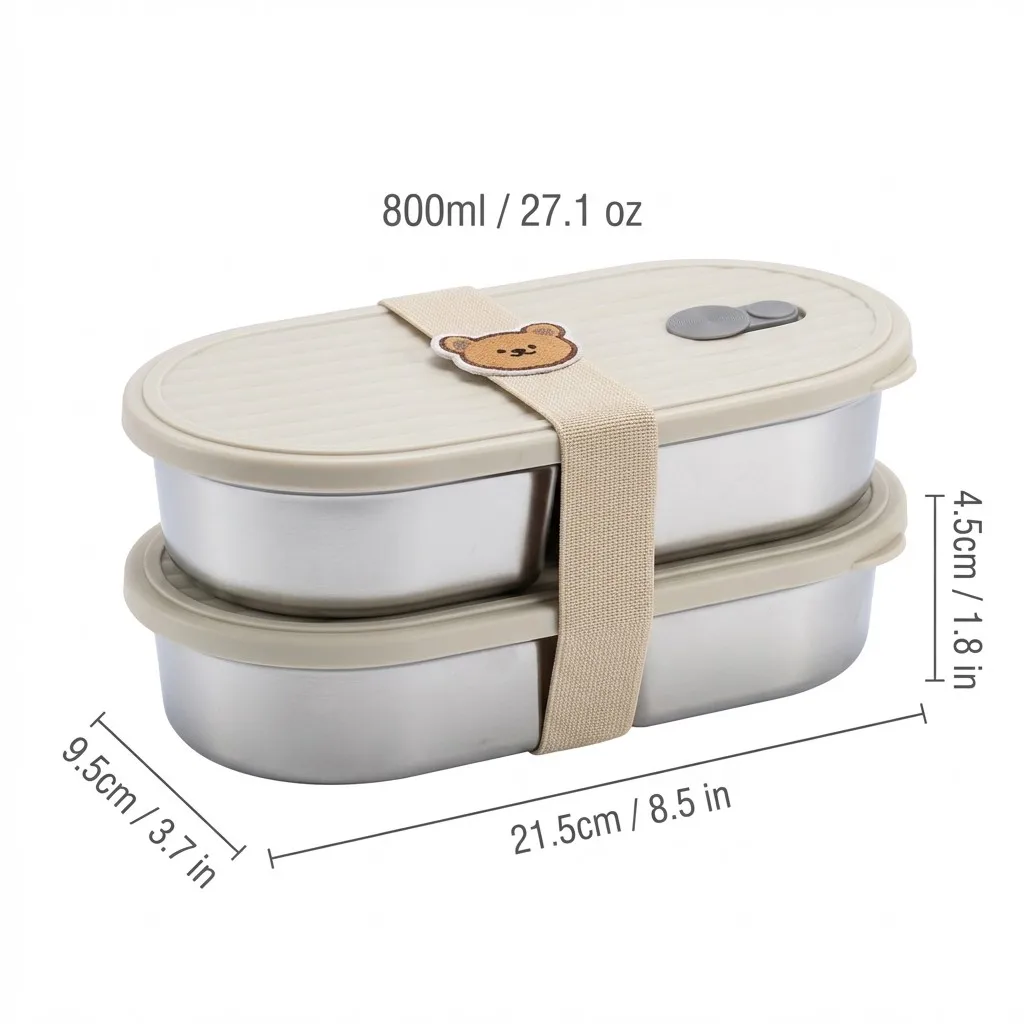 800ml 2-delige draagbare bento lunchbox voor kinderen en studenten, duurzaam, magnetronbestendig, 304 roestvrij staal, verdeeld fruit- en voedselcontainer