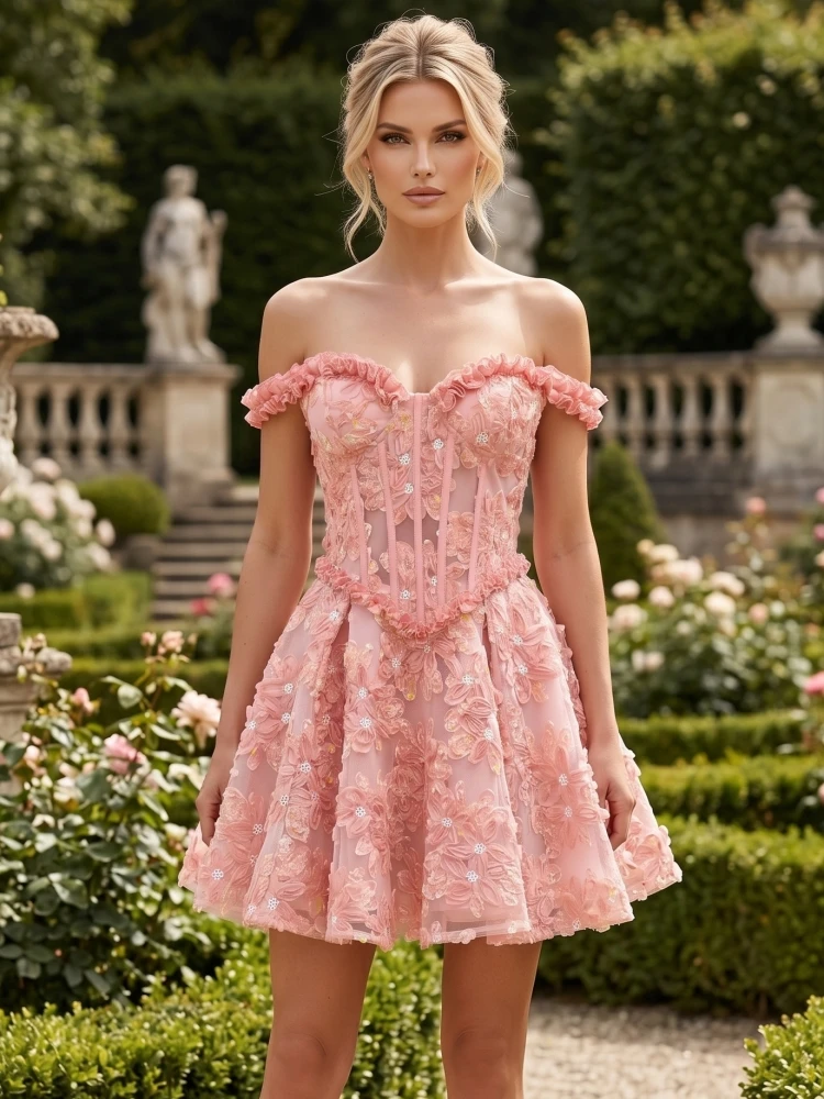 

Sexy Off The Shoulder Floral Embroidery Mini Dress Women Ruffles Sleeveless Backless Flowers A-line Dresses Evening Party Gowns