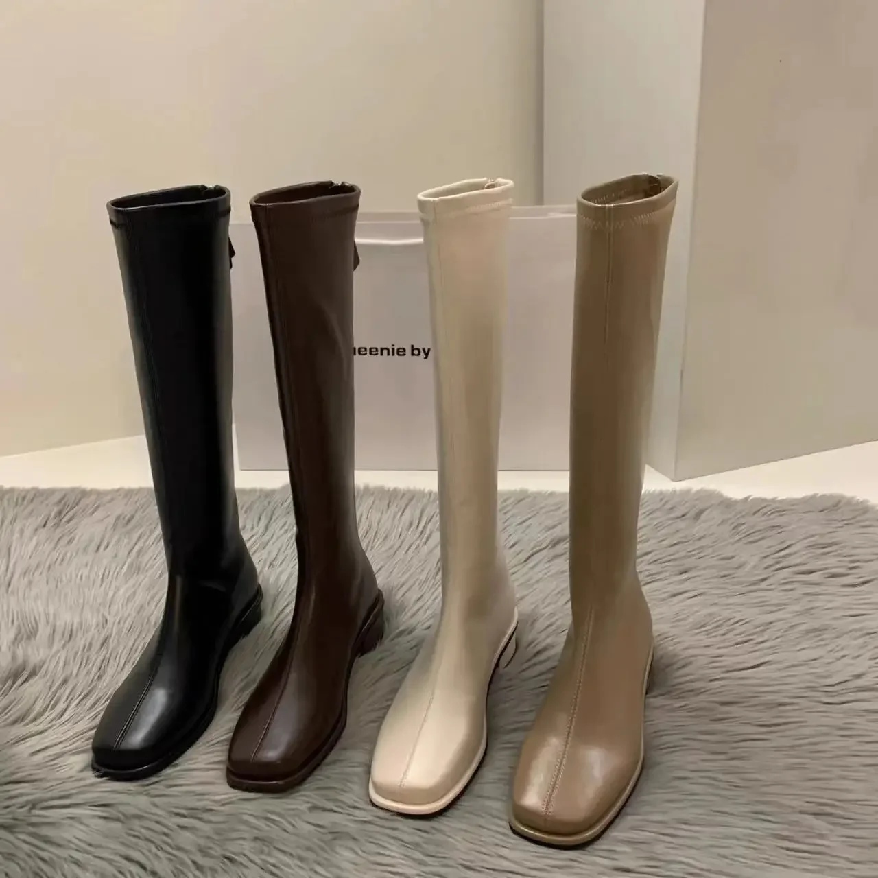 Dropshipping British Style Square Toe Knee-length Women's Long Boots Square Heel Zipper Increases Slim Stretch Rider Boots