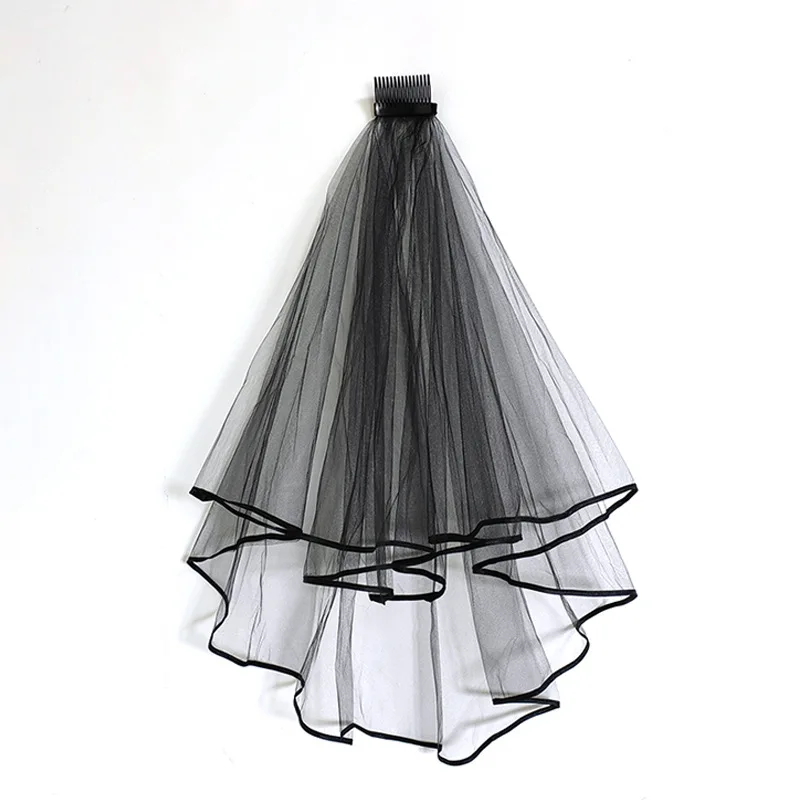 Short Black  2 Tier Ribbon Edge Costume Halloween Soft Tulle Veils with Comb Hairpiece  Accessories Velo De Novia