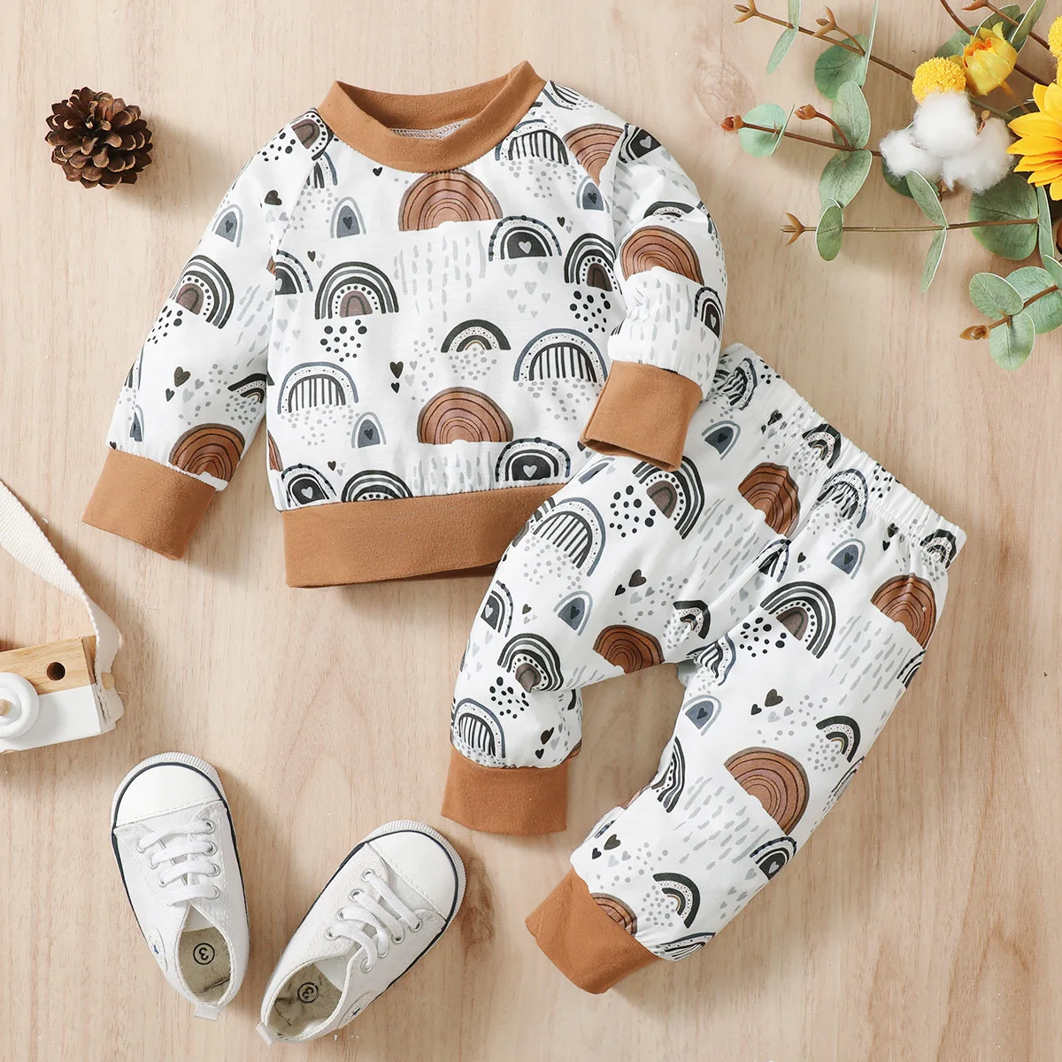 0-18 Months Newborn Baby Boy&Girl 2PCS Clothing Set Rainbow Print/Stripe Long Sleeve Sweater+Pants Autumn&Winter Lovely Outfit