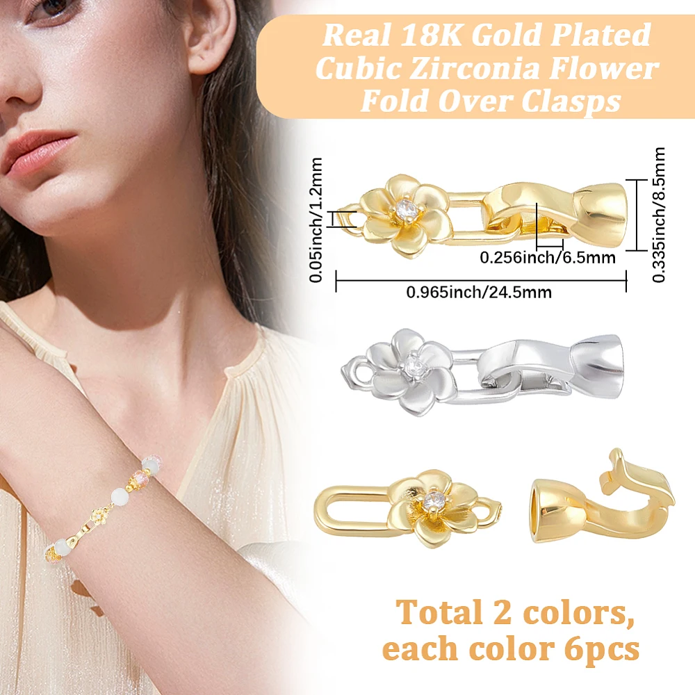 1 Box 12Pcs Brass Cubic Zirconia Fold Over Clasps 2 Colors Flower Extender Clasp End Caps for Bracelet Necklace Jewelry