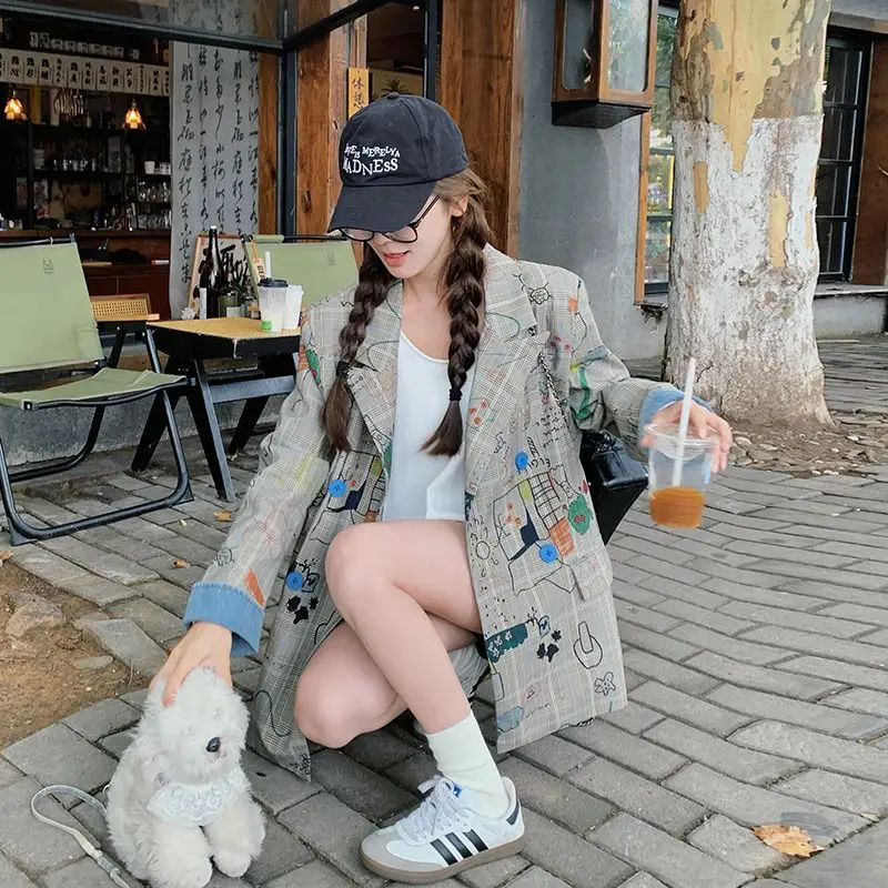 Woman Graffiti Printed Grids Blazer Coat Abstract Painting Plaids Suit Jacket Loose Medium Long Turn Down Collar Cardigan Tops