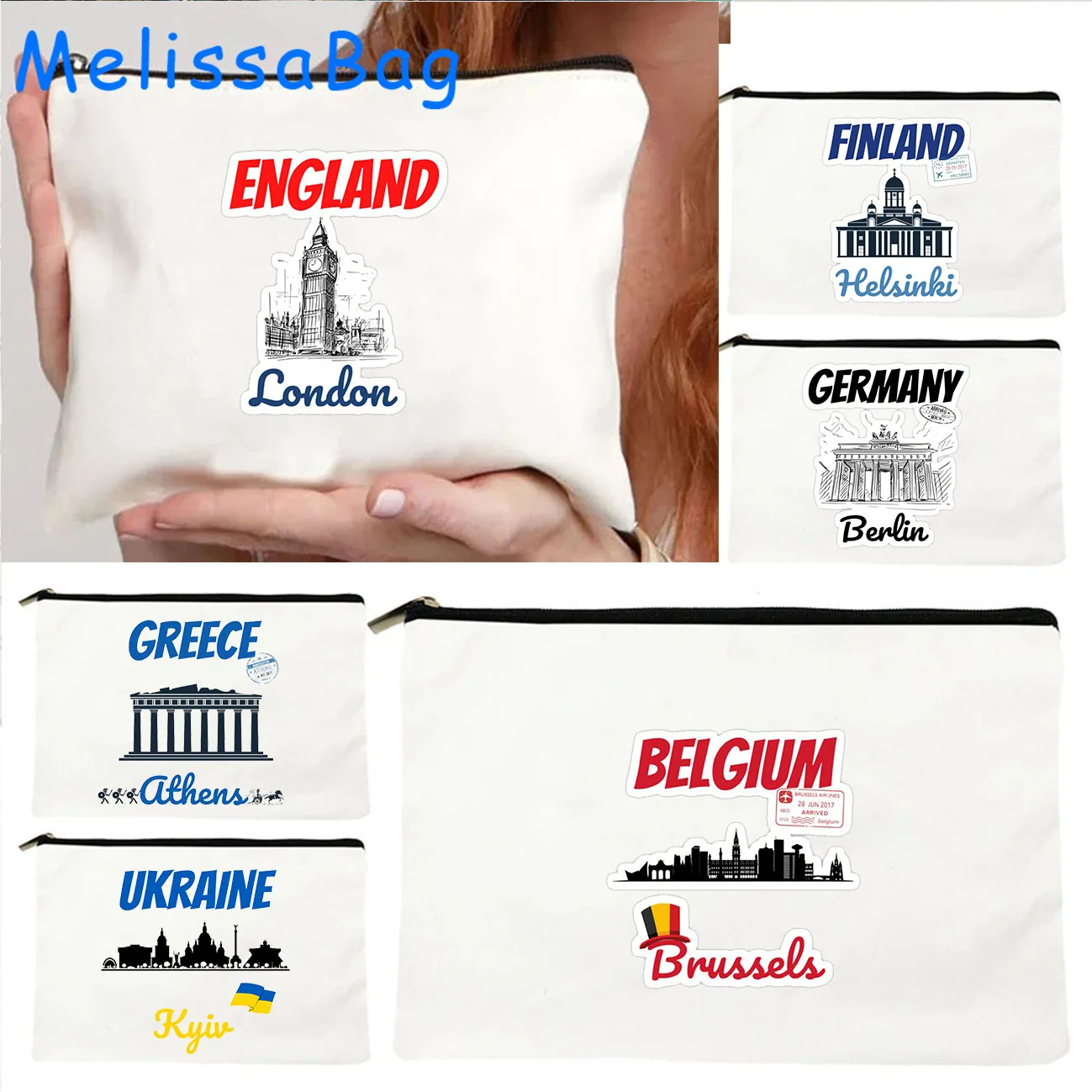 Greece Vienna Belgium Egypt London Finland France Berlin Budapest Iceland Bahamas Kyiv Cosmetic Bag Makeup Bag Pencil Case Pouch