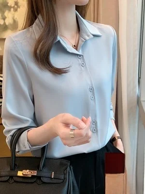 

Ele Silk irt Women's High-End True Silk Top with Tag Cut Straight Tube Long Sve Collar Regular Length Pure Color