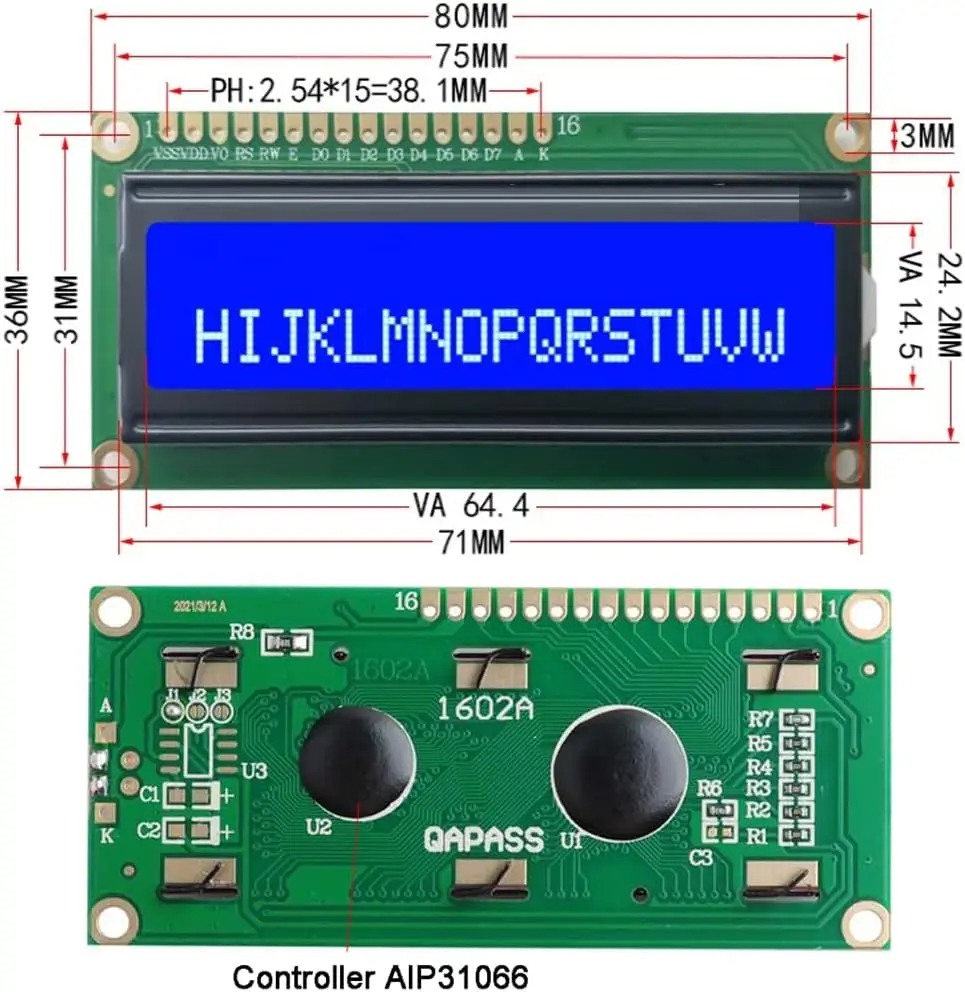 2PCS 1602 LCD Display Module DC 5V 16x2 White Character Blue Backlight 1602A 16 Pin Parallel Interface AIP31066 Controller