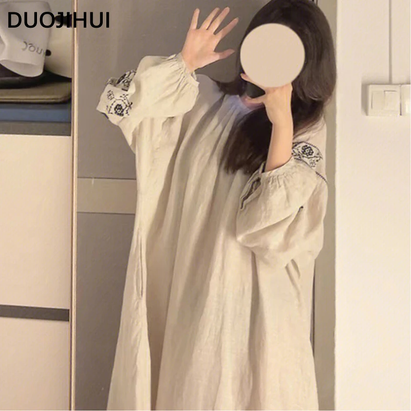 DUOJIHUI Ins Loose Solid Color Chic Floral New Women Pajamas Classic O-neck Long Sleeves Simple Casual Fashion Female Nightgowns