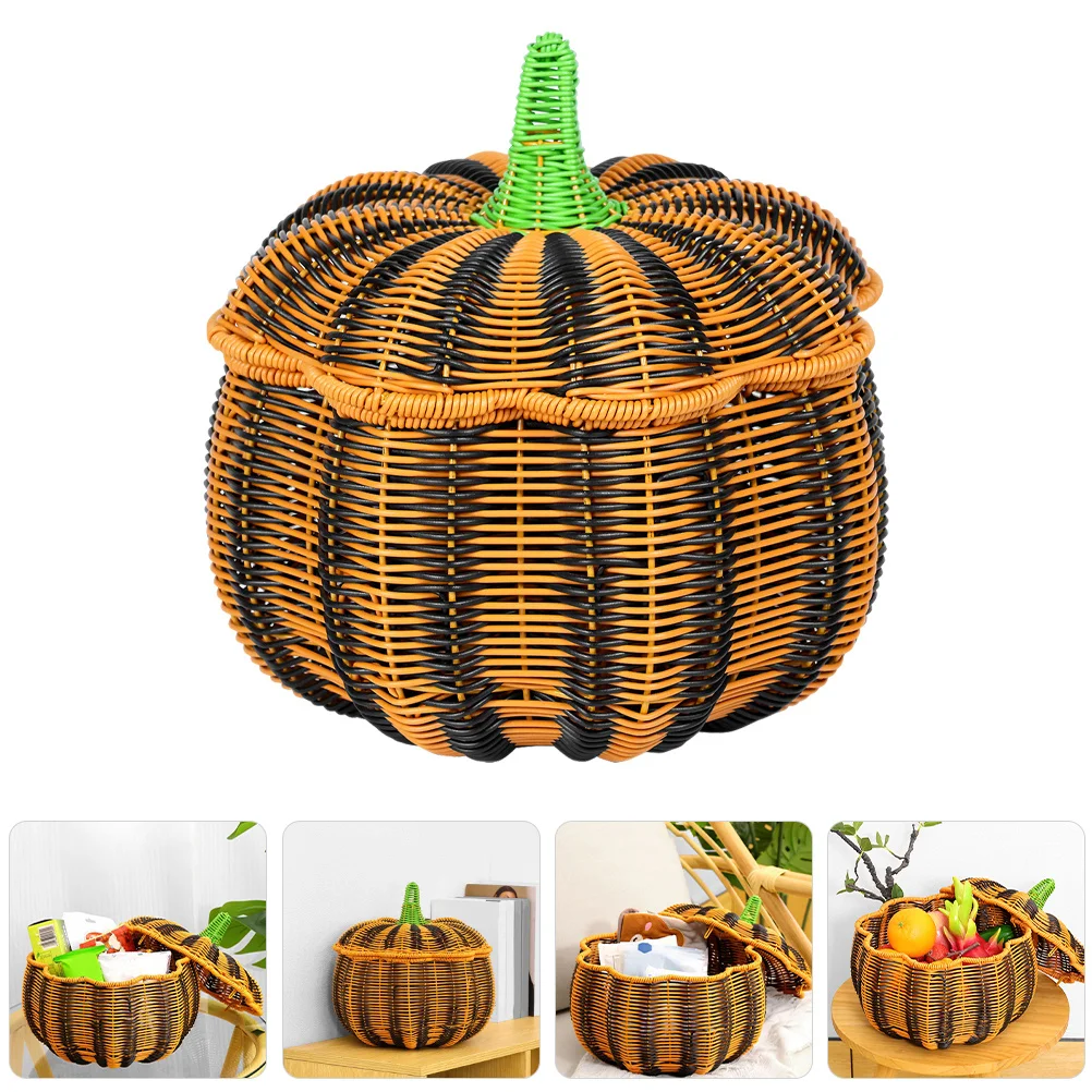 

Imitation Rattan Storage Basket Large Lidded Woven Organizer For Bread Fruit Snack Desktop Sundries Plastic Basket