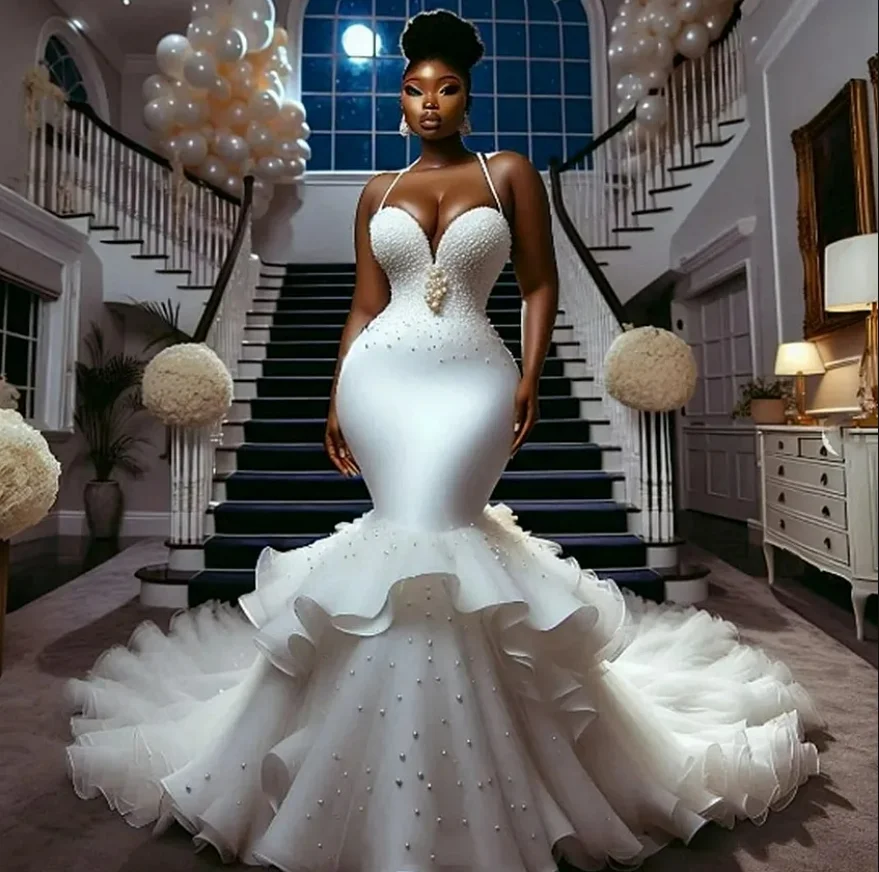 Robe De mariée sirène personnalisée, bretelles Spaghetti, perles faites à la main, plusieurs niveaux, grande taille