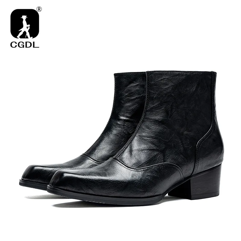 5cm High Heels Mens Black Business Boots Luxury Genuine Leather Retro Designer Man Ankle Warm Wedding Social Shoes with Height