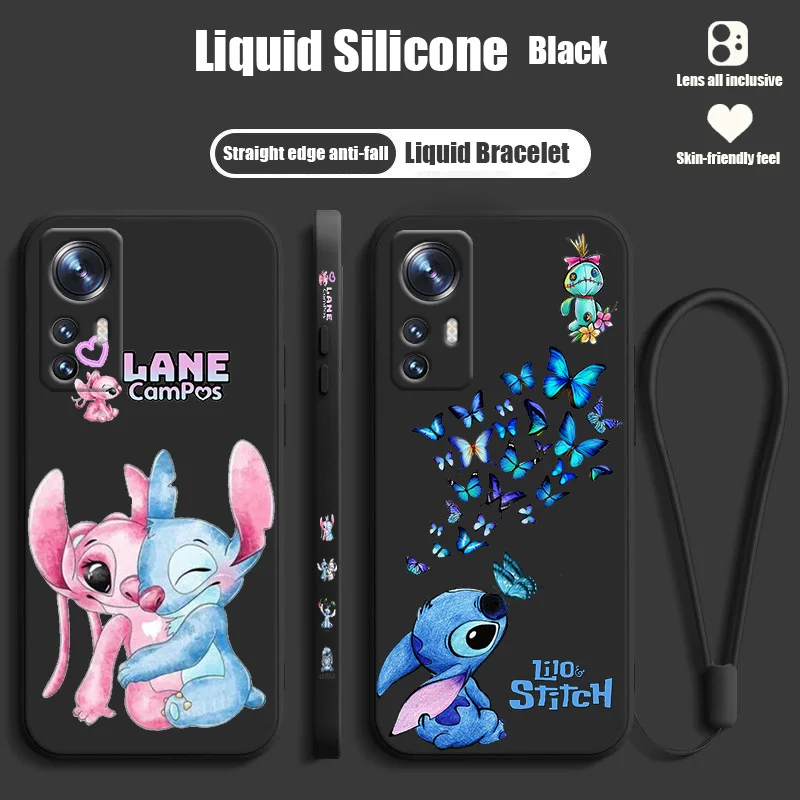 Disney Stitch Butterfly For Xiaomi Mi 12T 12S 12 11T 11 10T 10S 10 9 SE CC9E Ultra Lite Pro Liquid Left Rope Phone Case