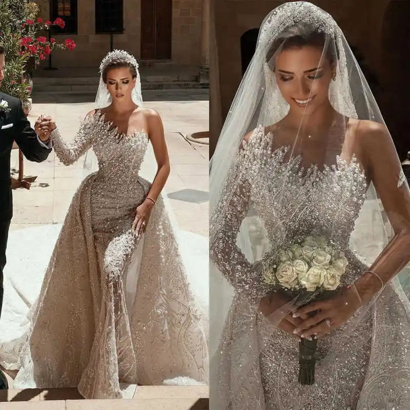 New Wedding Dresses One-Sleeve Prom Gown Shine Appliques 3D-Lace Flowers Tulle Sweep Train Bridal Gowns Plus Size Customized