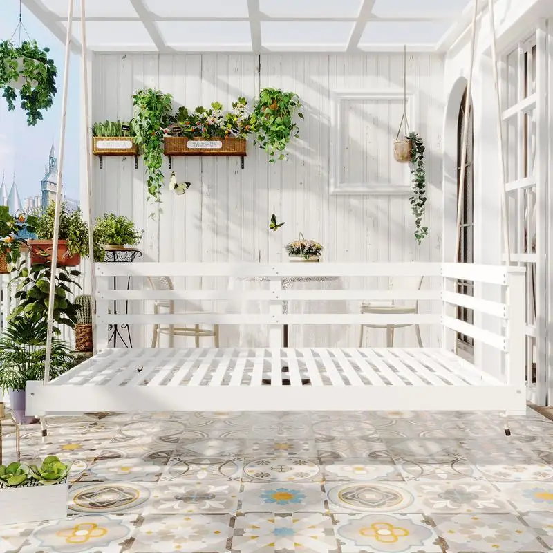 

Деревянная двухместная кушетка-качели для крыльца с 4 96-дюймовыми пеньковыми веревками для заднего двора и сада, белая рама