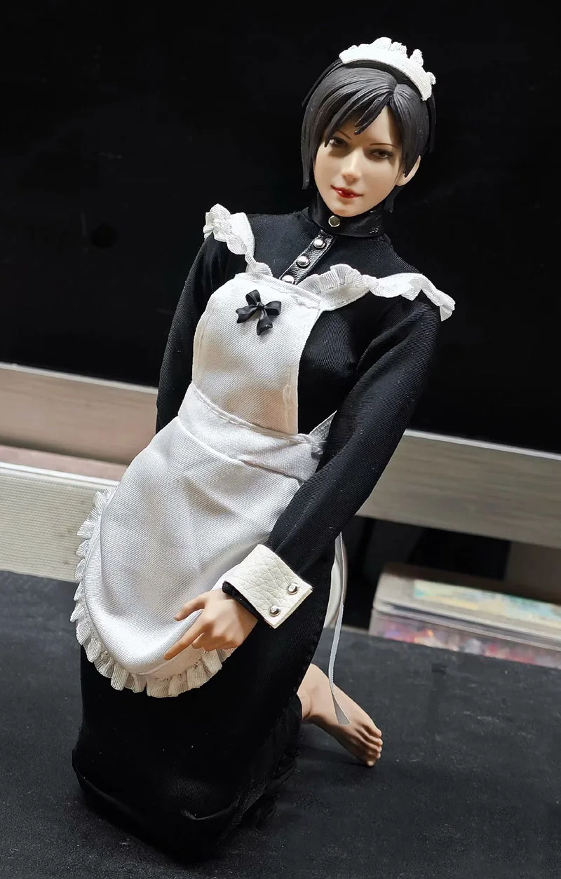 1/6 Female Sexy Maid Uniform Slim Dress Ruffles Lolita White Apron with Leather Necklace Model For 12'' Action Figures Body Toys