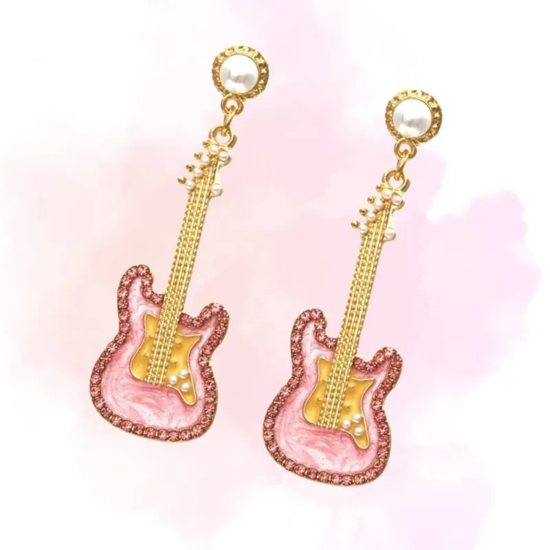 Exquisite Rhinestone Pink Electric Guitar Women's Earrings Personalized Punk Style Nightclub Party Charm Jewelry Gift for Her