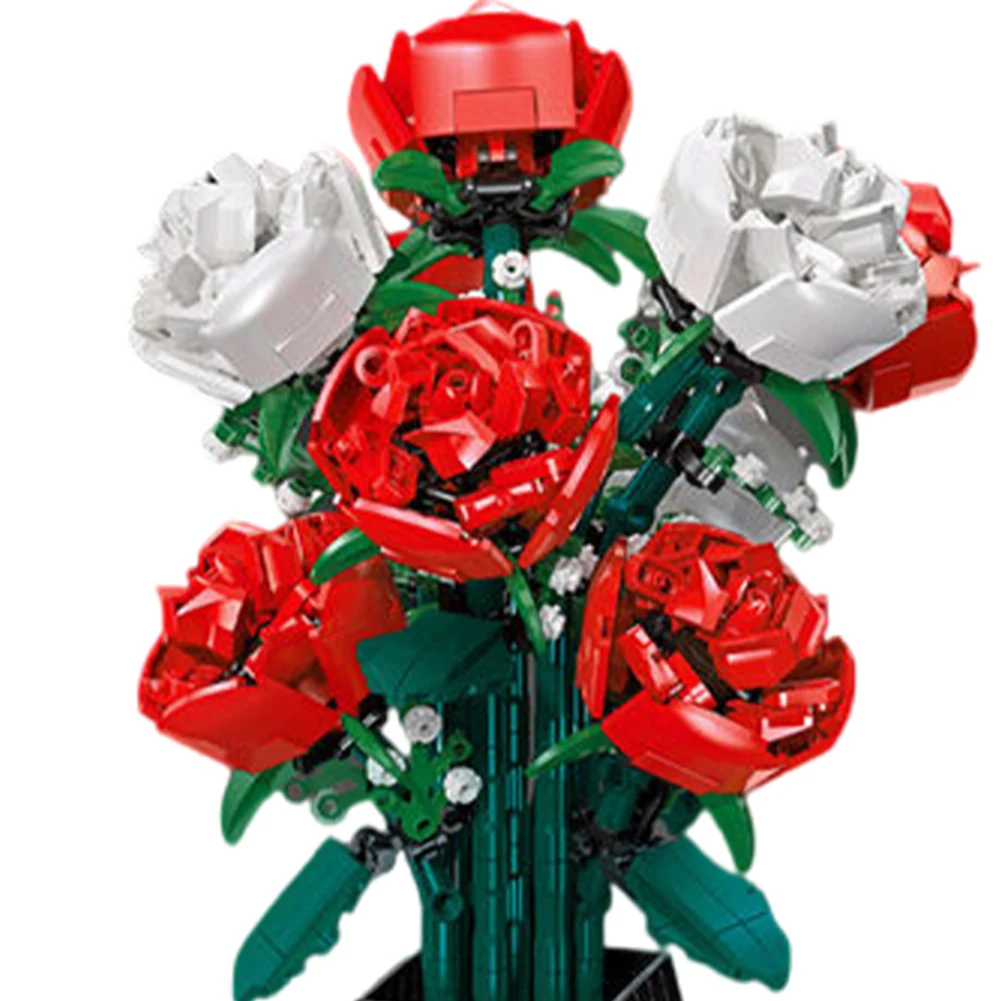 Juego de construcción de juguetes de rosas artificiales con jarrón, bloques de construcción, juguetes de ladrillos de flores, regalo de cumpleaños y Navidad para adultos