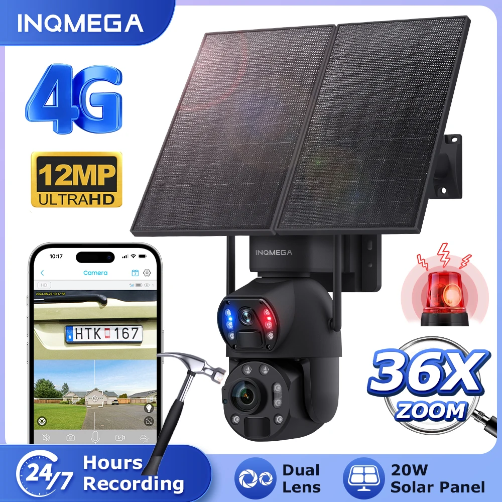 INQMEGA 12MP Solar Security Camera 36x Zoom 20W Outdoor 4G WiFi Dual Lens PIR Motion Detection Camera Color Night Vision PTZ Cam