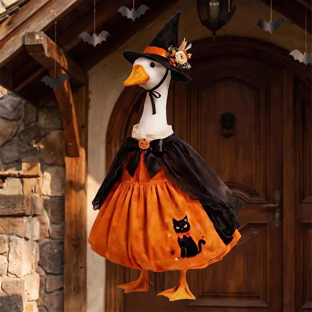 Halloween-Gänse-Hexen-Kostüm mit Hut, Schwarzes-Katzen-Muster, Garten-Veranda-Gänse-Dekor-Outfit für Party, Garten und Außenstatuen – Detail 3