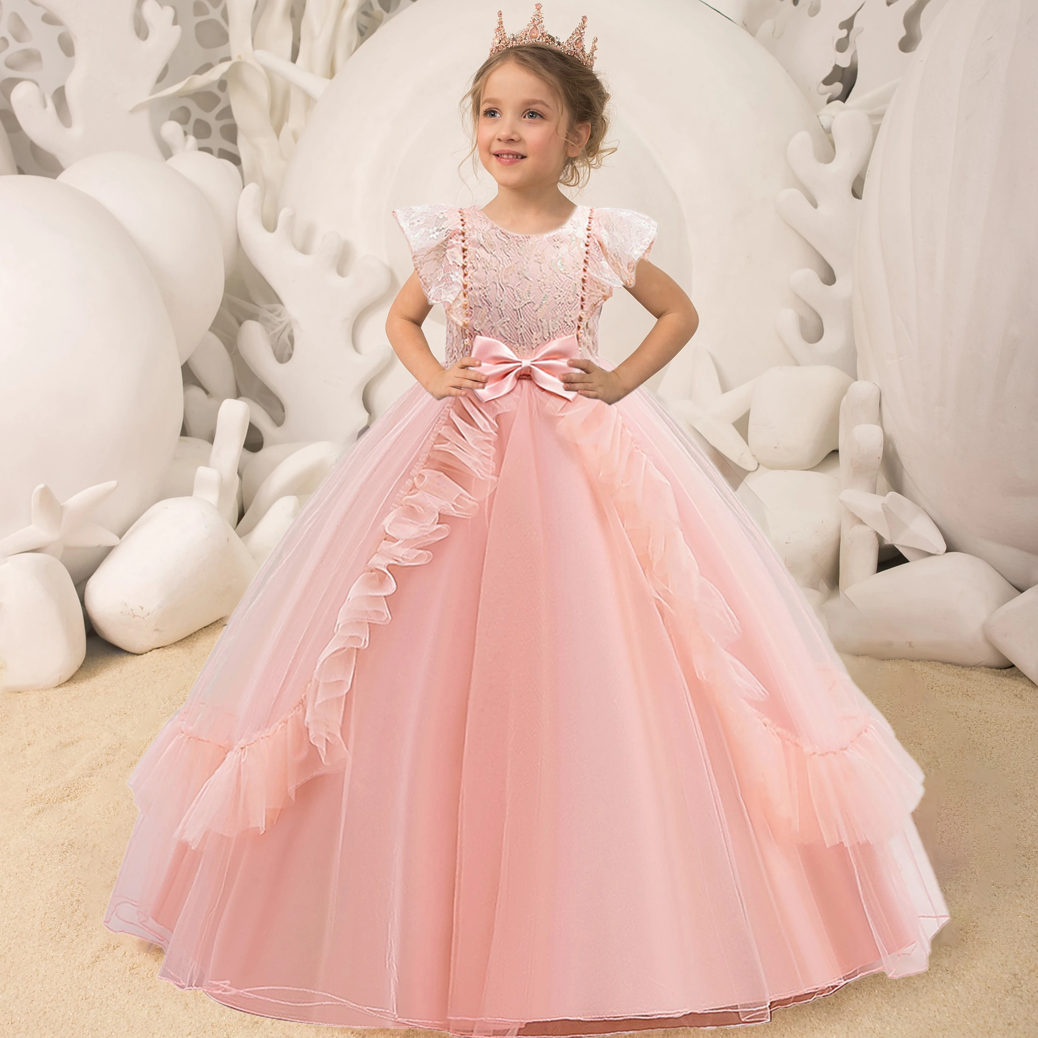 Summer Party Girls Princess Dresses Elegant Tulle White Wedding Prom Flower Kids Dress for Girl First Communion Bridemaids Gown